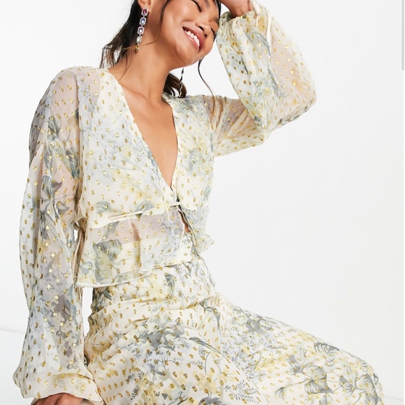 ASOS Tops - ASOS Floral Sheer Crop Top in Cream and Green